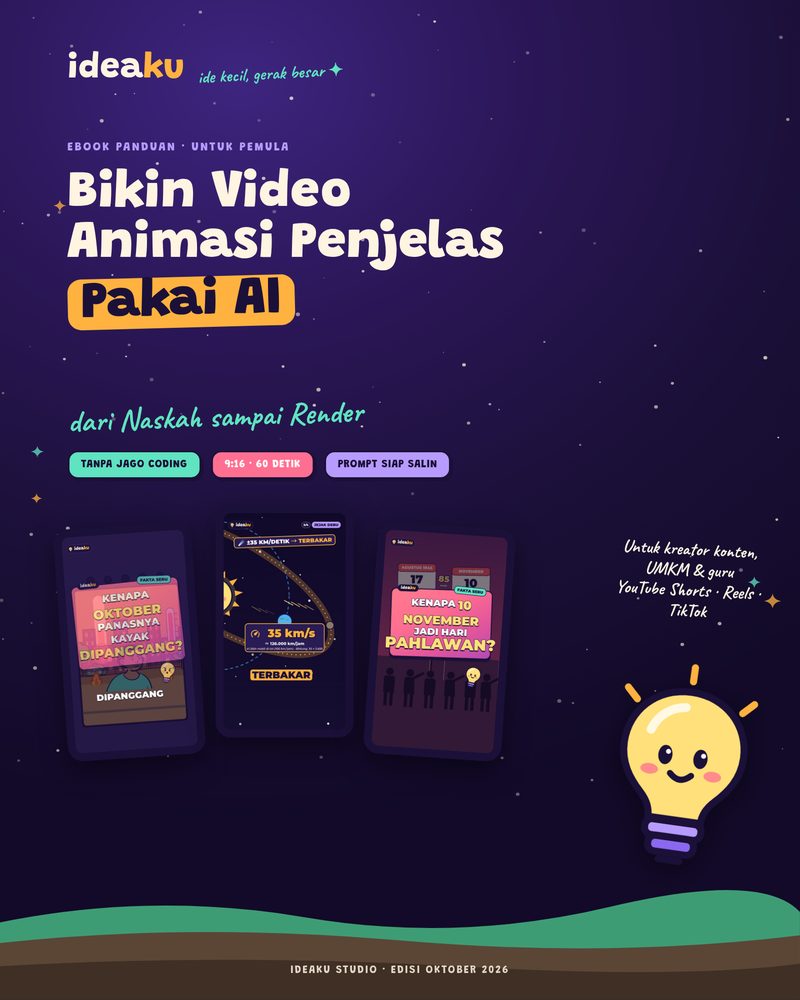 Sampul ebook ideaku: Bikin Video Animasi Penjelas Pakai AI, dari naskah sampai render. Ebook panduan untuk pemula.