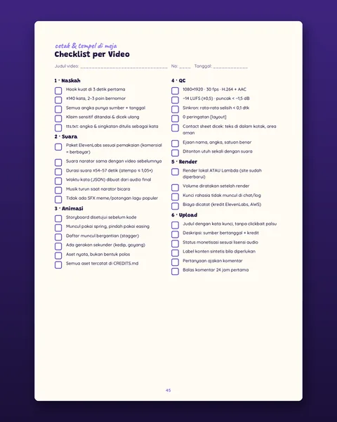 Halaman 45 ebook: Checklist per Video yang bisa dicetak